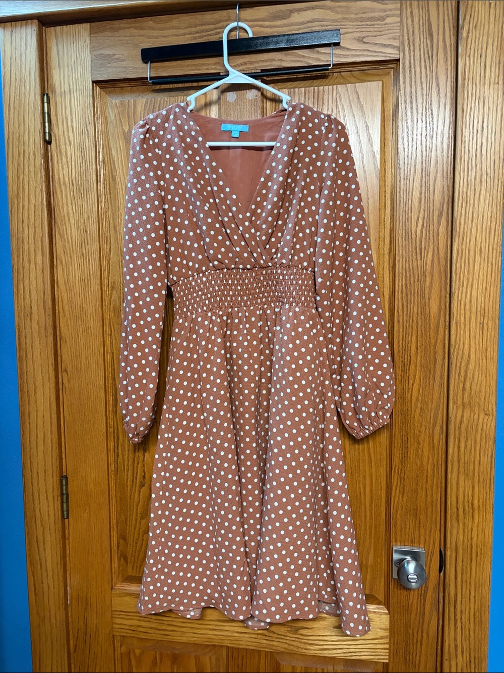 Draper James Rust Polka Dot Long Sleeve V-Neck Dress